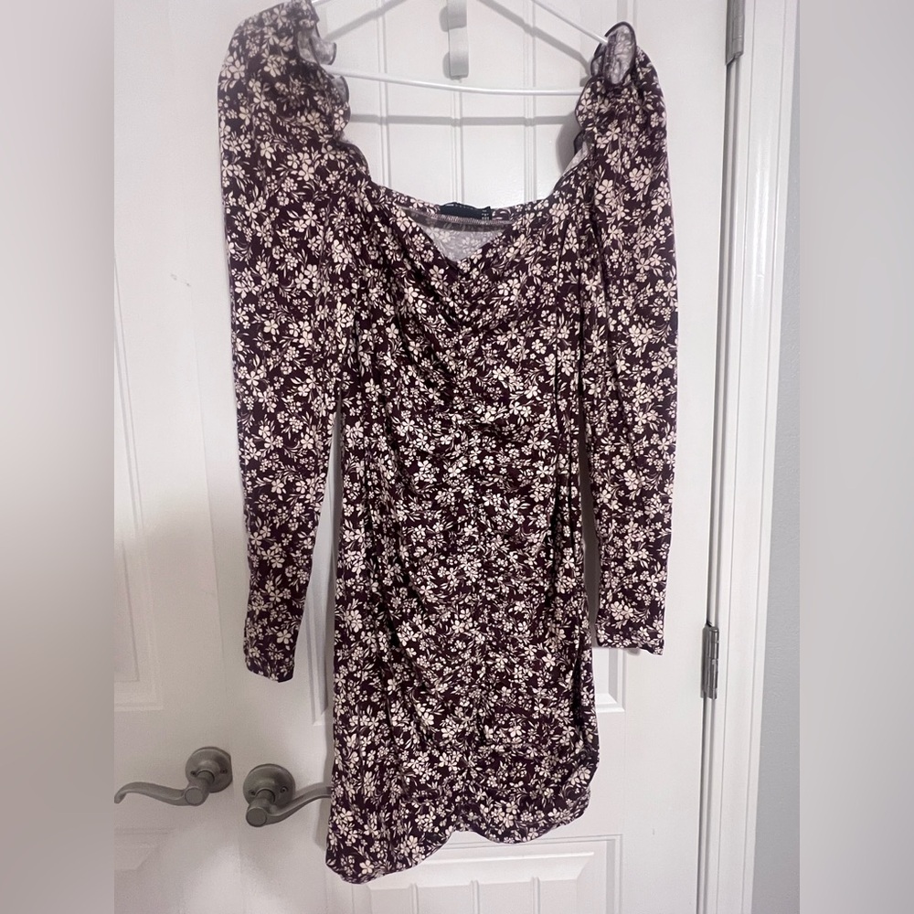 ASOS Brown and White Off the Shoulder Puff Sleeve Dress